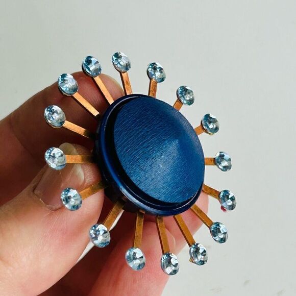 Upcycled Atomic Starburst Refrigerator Magnet Buttons Rhinestones Navy Baby Blue - Picture 5 of 5